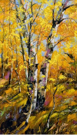 Постер - репродукция «Березки в осеннем лесу», 25 см х 45 см